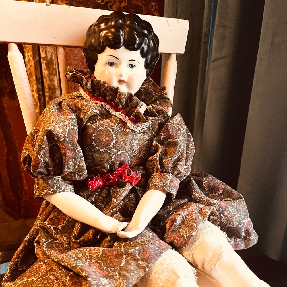 Pretty Antique Black Hair Glazed Porcelain China Doll 23” with Button Up Boots